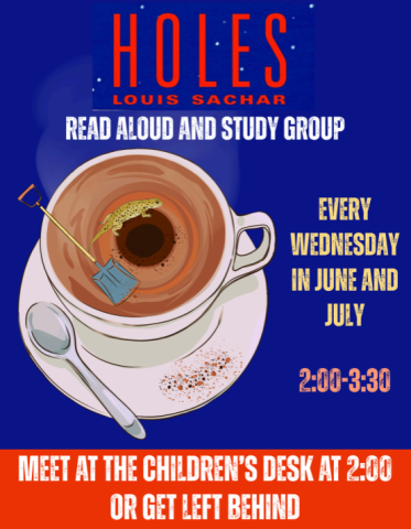 a photo of a cup of coffee on a blue background with information about the time and date of the reading group