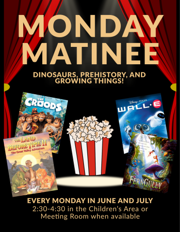 a photo of a black background with red curtains and various kids movies about dinosaurs on the sides, as well as information about the time and location of movies 