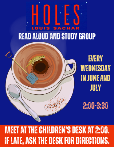 a photo of a cup of coffee on a blue background with information about the time and date of the reading group