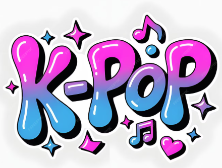 This image is of the word "K-pop" spelled out in pink and blue with stars, hearts, and music notes surrounding it.