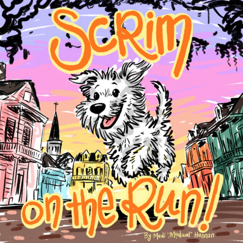 a photo of the cover of Scrim on the Run, featuring a white and fluffy dog running through the streets of new orleans