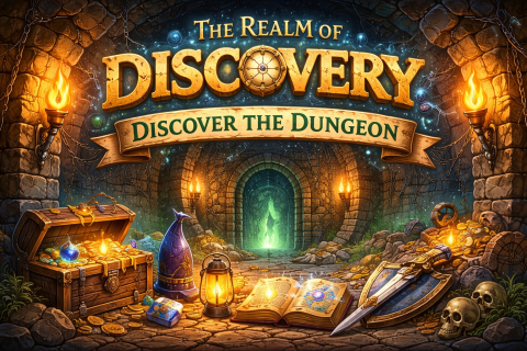Fantasy-themed illustration titled “The Realm of Discovery: Discover the Dungeon.” A glowing dungeon entrance sits at the center, surrounded by stone walls and lit torches. In the foreground are treasure chests filled with gold, a sword and shield, a wizard’s hat, a lantern, and an open spellbook. The scene evokes a magical, Dungeons & Dragons–style adventure focused on exploration and discovery.
