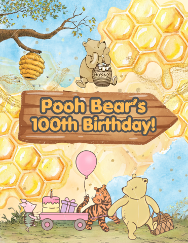 a colorful photo of pooh bear and friends with honey combs and balloons