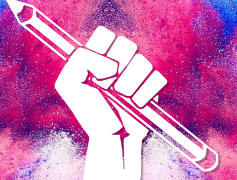 Cartoon drawing of a raised fist holding a pencil, on a pink and purple background