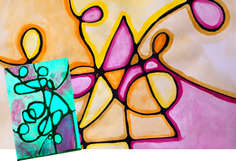 Bright abstract neurographic art with thick black lines dividing organic, petal-like shapes filled with pink, orange, yellow, and lavender. A small inset image in the lower left shows a second turquoise-and-purple abstract design with looping black lines.