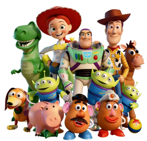 This is a group photo of the main characters from the Toy Story series, including Buzz Lightyear, Rex, Woody, Mr. and Mrs. Potato Head, Jessie, and others all standing in front of a white background.