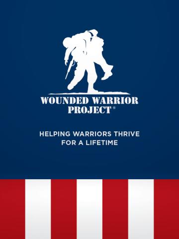 A blue graphic for the Wounded Warrior Project shows a white silhouette of a soldier carrying another wounded soldier. Below the image, text reads “Wounded Warrior Project” and “Helping warriors thrive for a lifetime.” The bottom of the image features red and white vertical stripes.