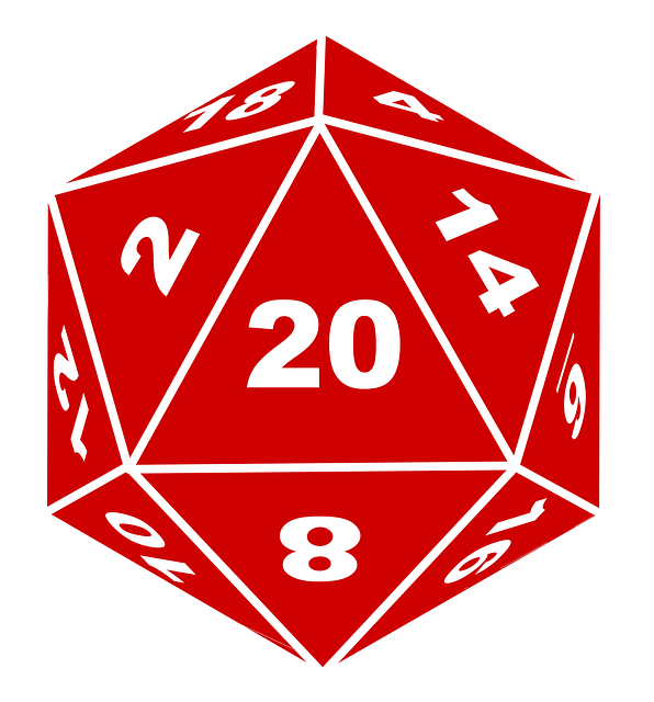 Red 20-side die showing the number 20