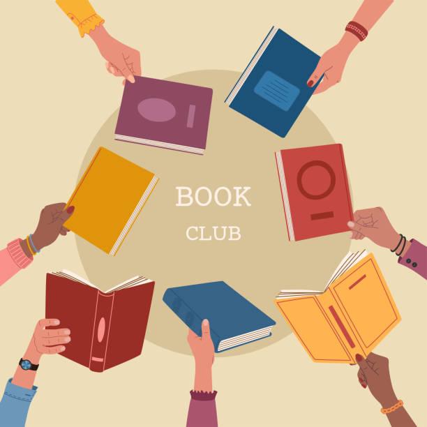 Hands with books in a circle surrounding the words Book Club