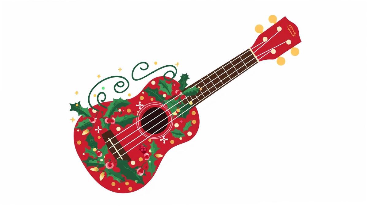 red ukulele with festive garland accents