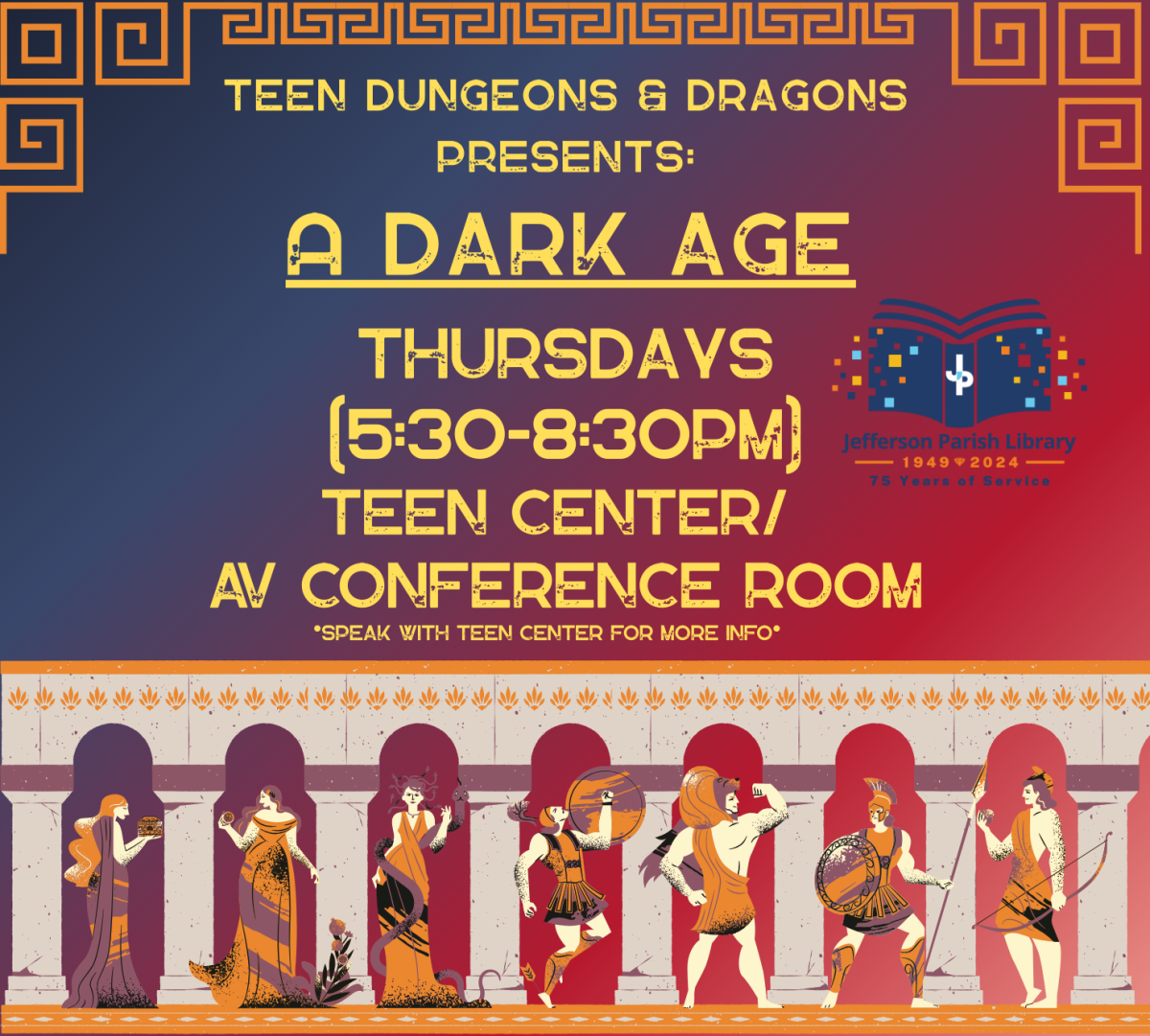 poster with description of event and greek graphics