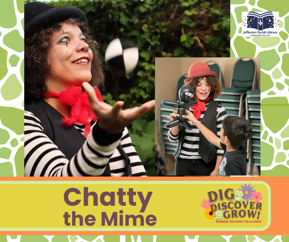 Dual images show Chatty the mime juggling balls and presenting a child with a balloon animal.